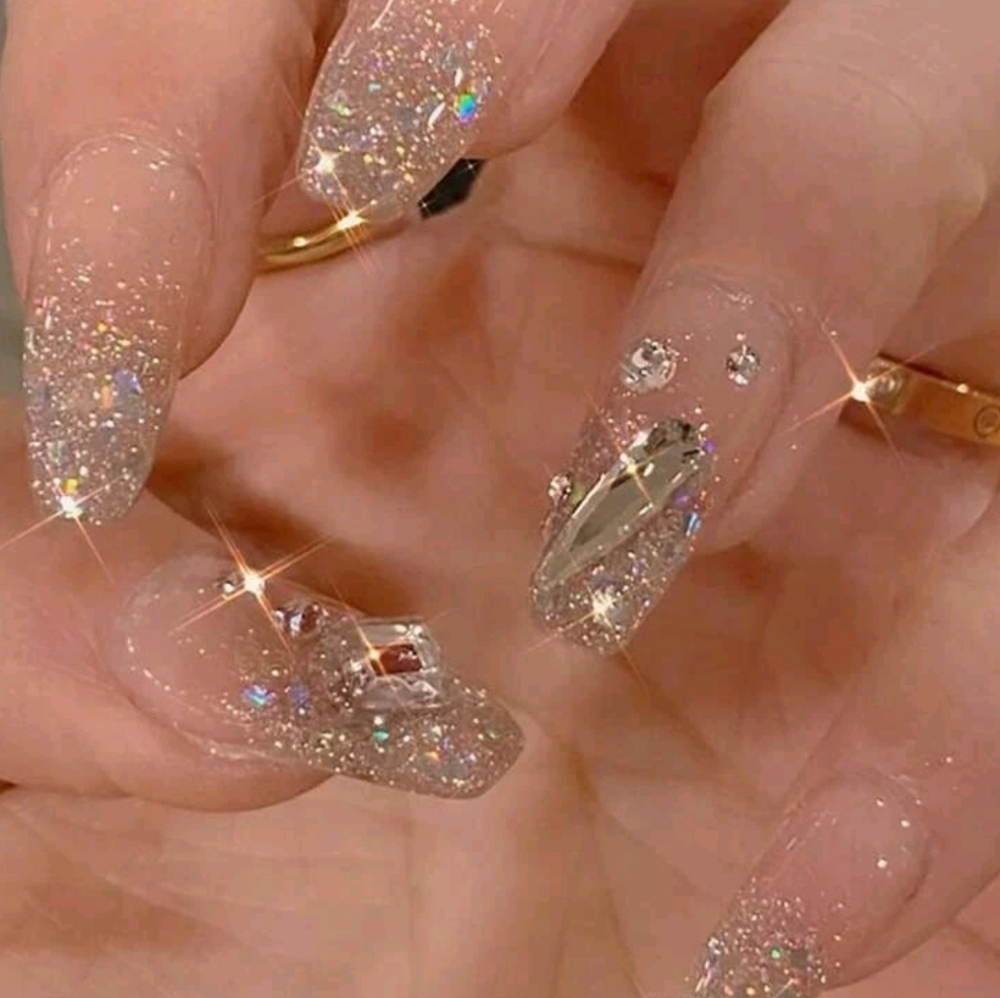 24pcs Short Coffin Glitter Rhinestones press on Nails